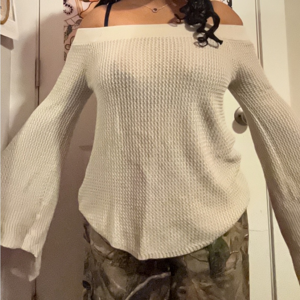 Off the shoulder fairy sleeves white sweater